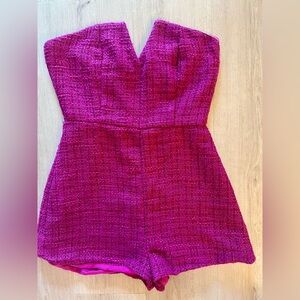 Tweed strapless v-neck fuchsia/pink romper jumpsuit shorts